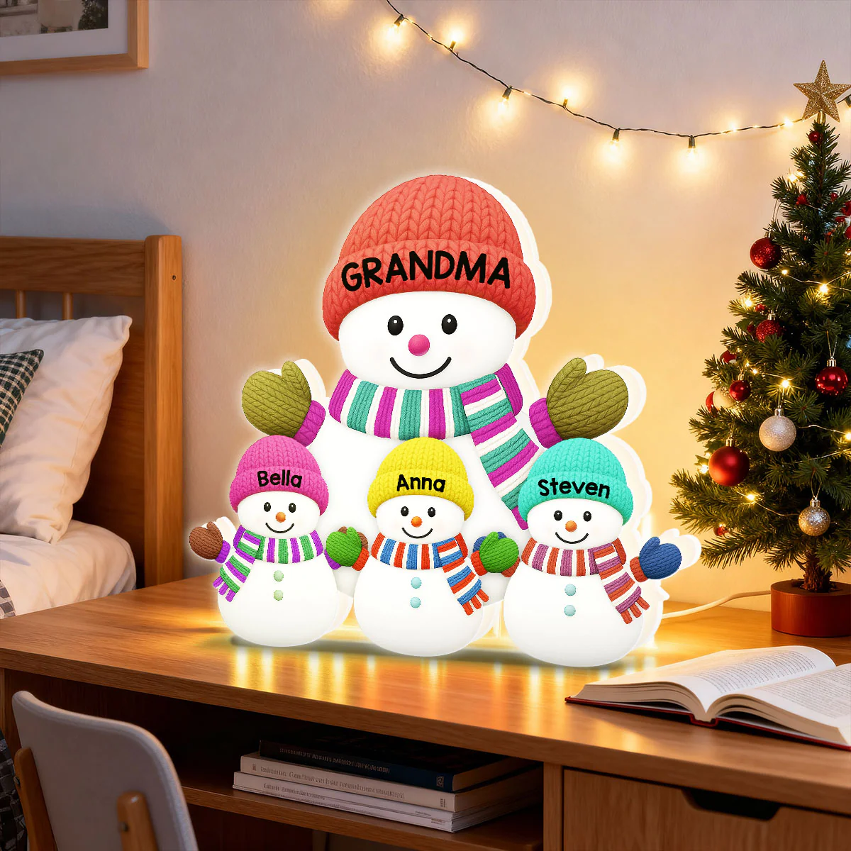 3D Effect Heartwarming Christmas Grandma Grandkids Snowman Together - Personalized Light Box - Gift For Grandmas - Image 8