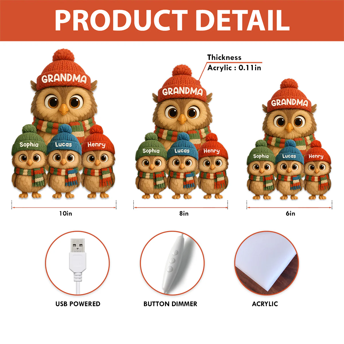 3D Effect Heartwarming Christmas Owls Grandma Grandkids - Personalized Light Box - Image 9