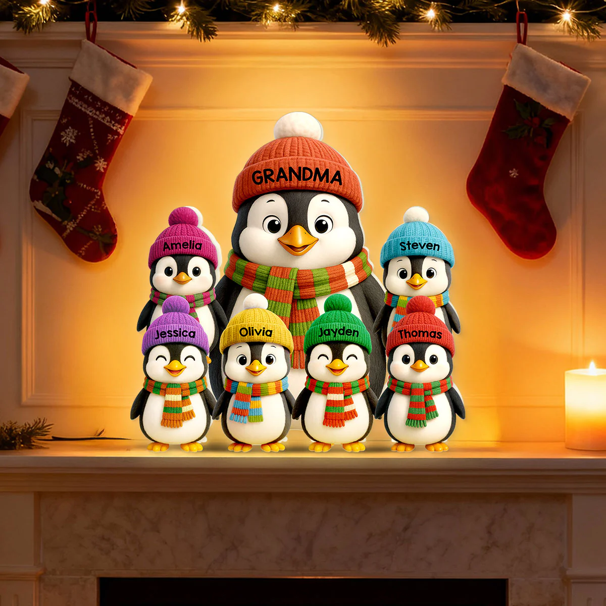 3D Effect Heartwarming Christmas Penguins Grandma Grandkids - Personalized Light Box - Image 10