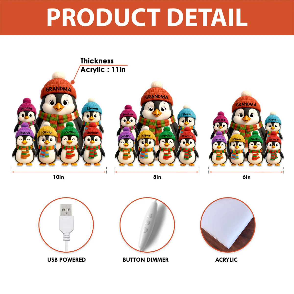 3D Effect Heartwarming Christmas Penguins Grandma Grandkids - Personalized Light Box - Image 12