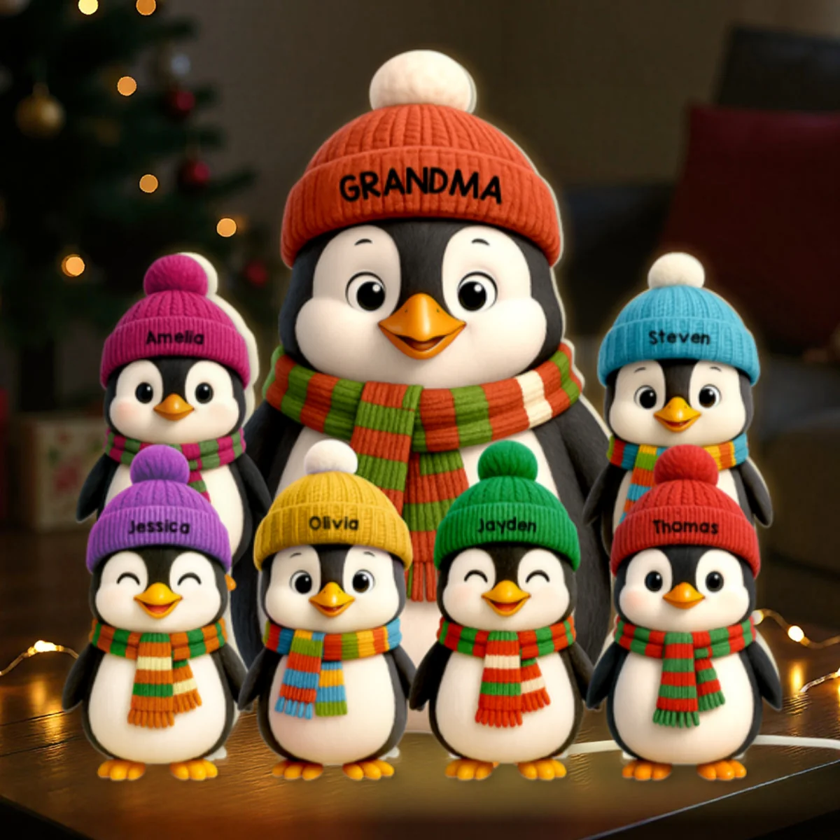 3D Effect Heartwarming Christmas Penguins Grandma Grandkids - Personalized Light Box - Image 13