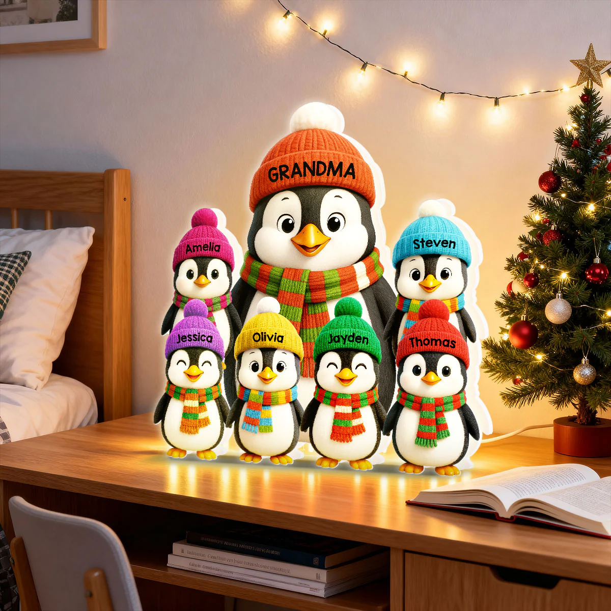3D Effect Heartwarming Christmas Penguins Grandma Grandkids - Personalized Light Box - Image 2