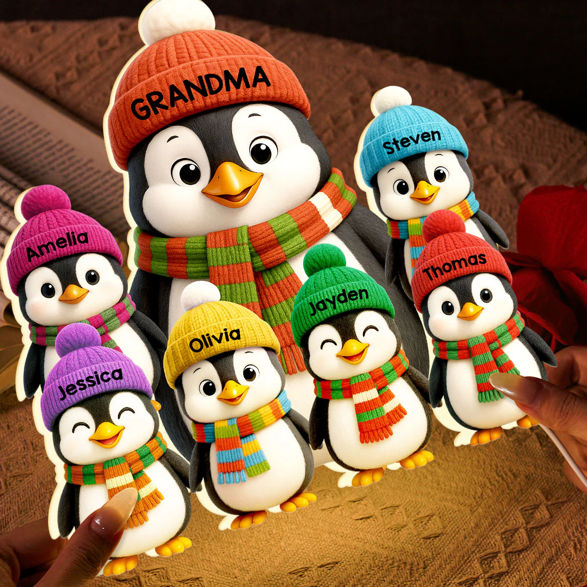 3D Effect Heartwarming Christmas Penguins Grandma Grandkids - Personalized Light Box - Image 3