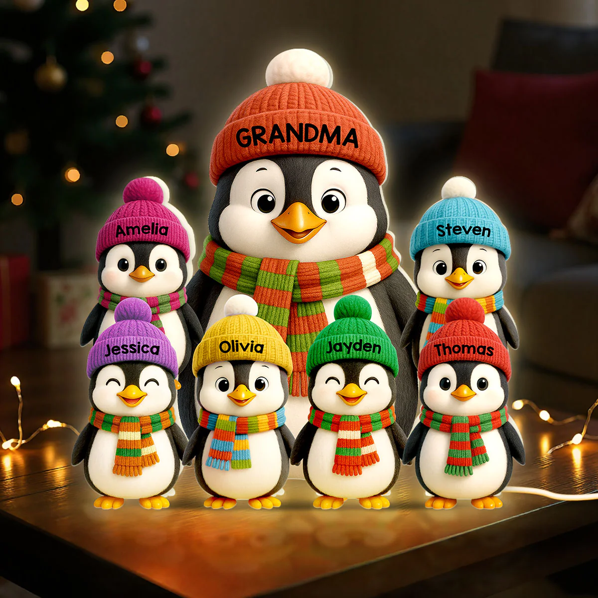 3D Effect Heartwarming Christmas Penguins Grandma Grandkids - Personalized Light Box - Image 4