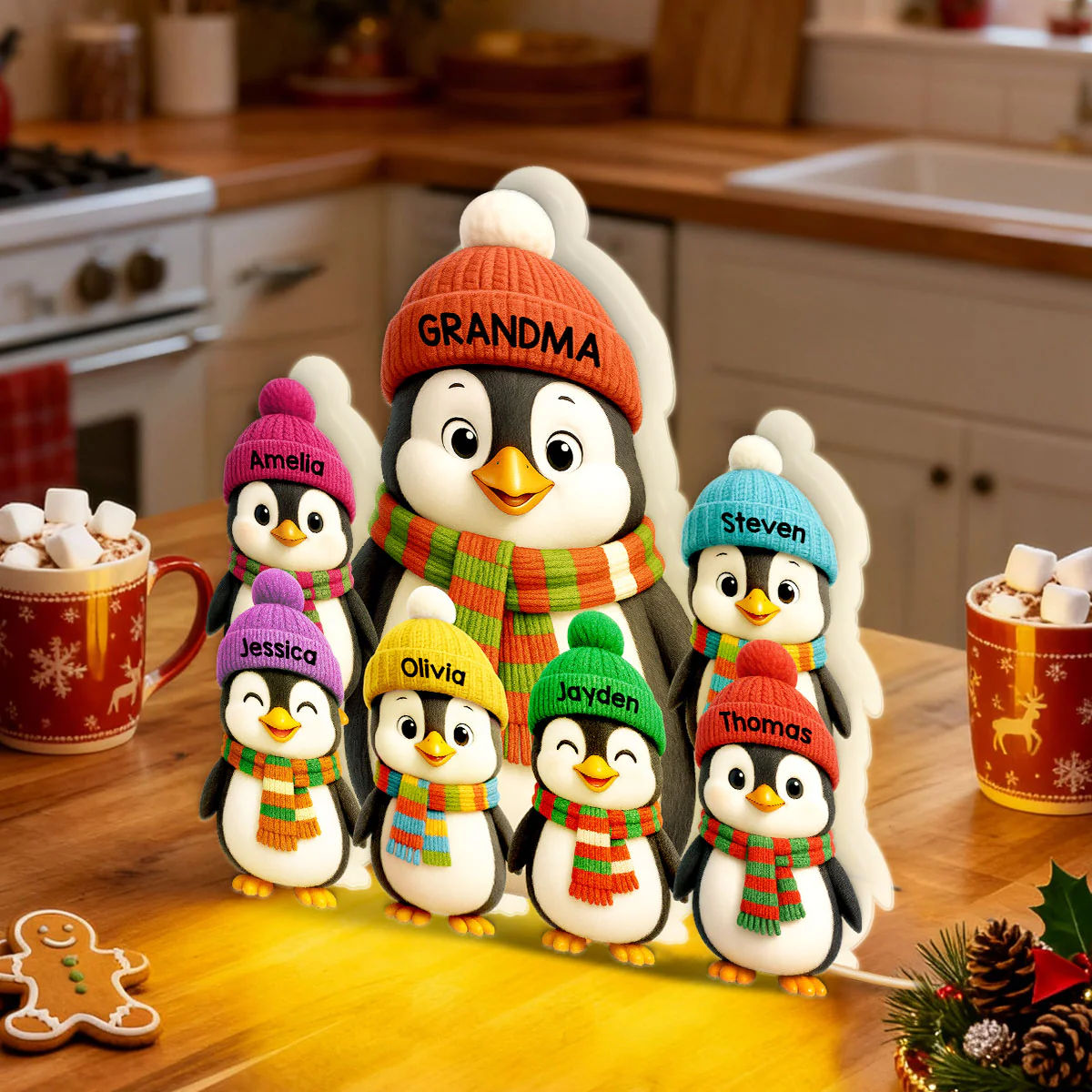 3D Effect Heartwarming Christmas Penguins Grandma Grandkids - Personalized Light Box - Image 7