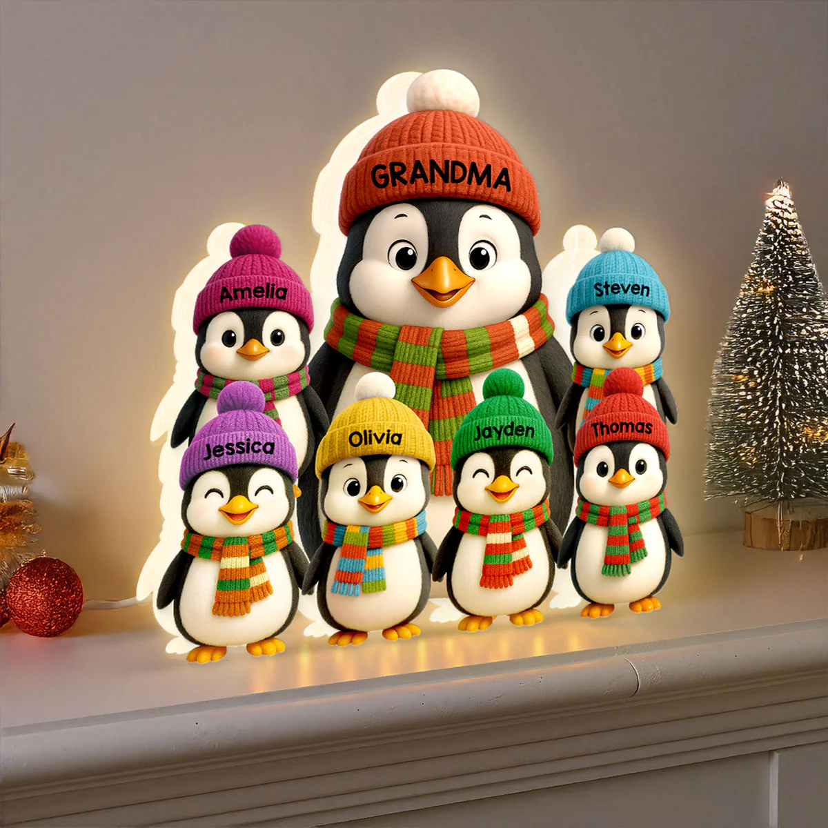 3D Effect Heartwarming Christmas Penguins Grandma Grandkids - Personalized Light Box - Image 9