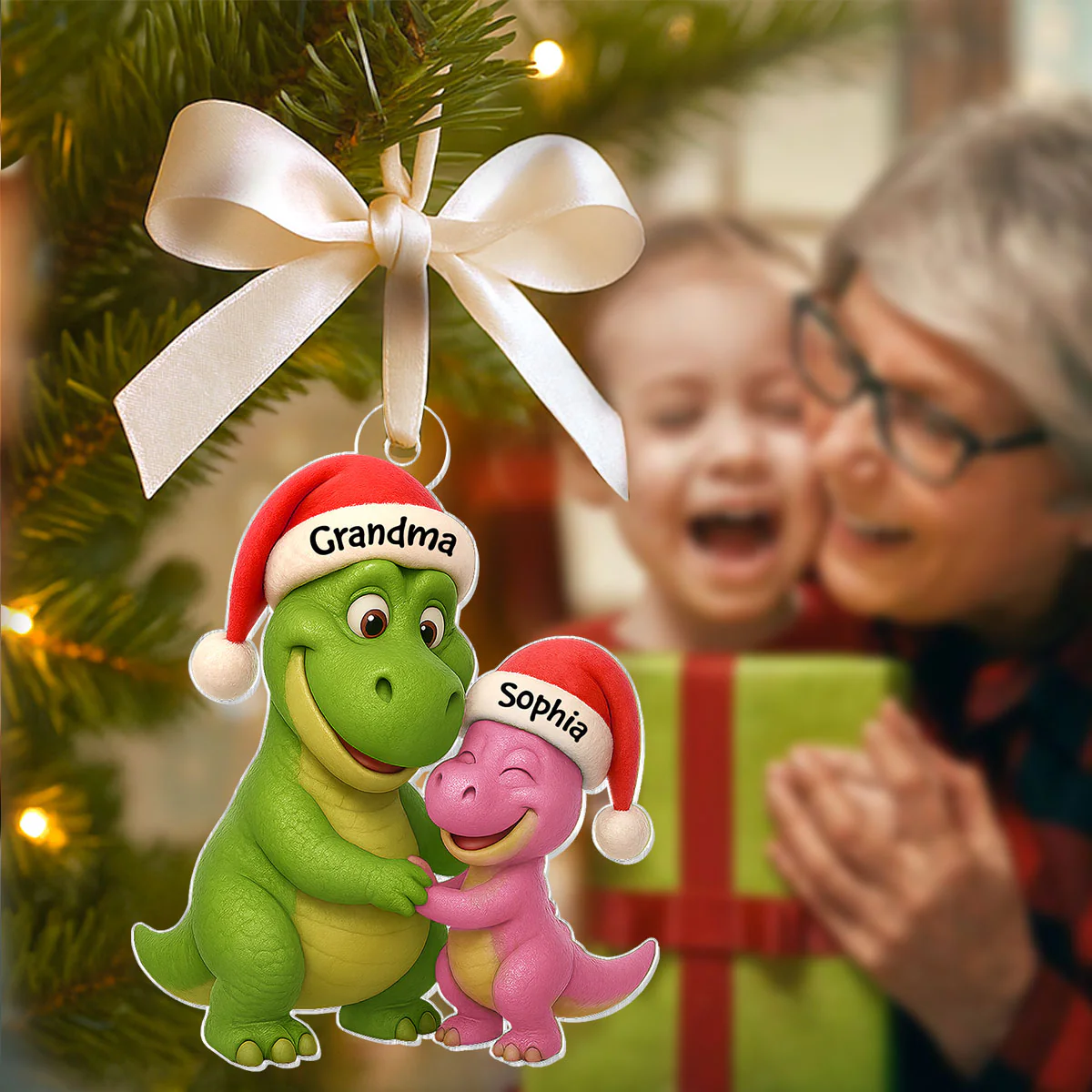 3D Effect Heartwarming Grandmasaurus Hugging Dinosaur Grandkid - Personalized Acrylic Car Hanger - Fun & Unique Gift For Grandkids - Image 5