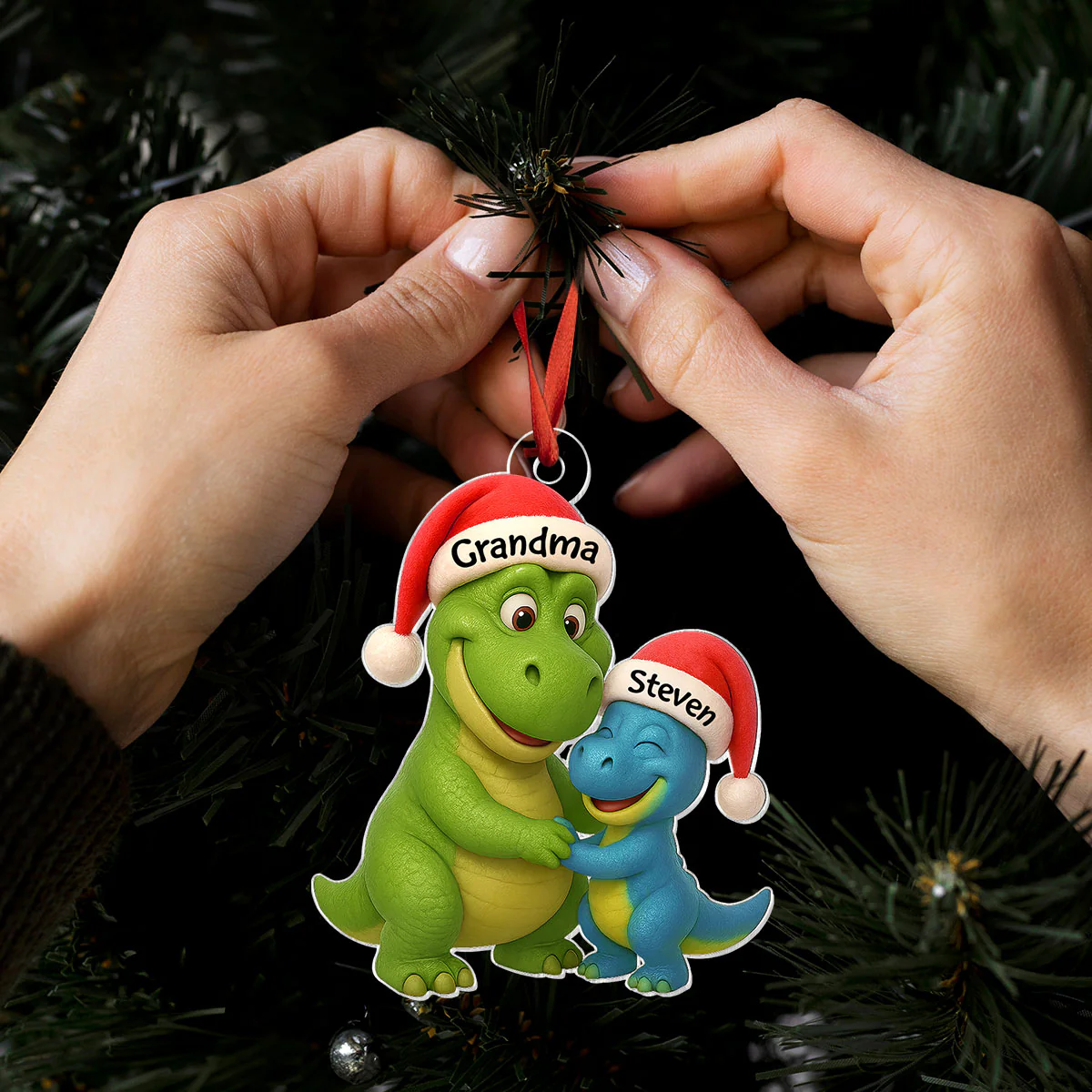 3D Effect Heartwarming Grandmasaurus Hugging Dinosaur Grandkid - Personalized Acrylic Car Hanger - Fun & Unique Gift For Grandkids - Image 9