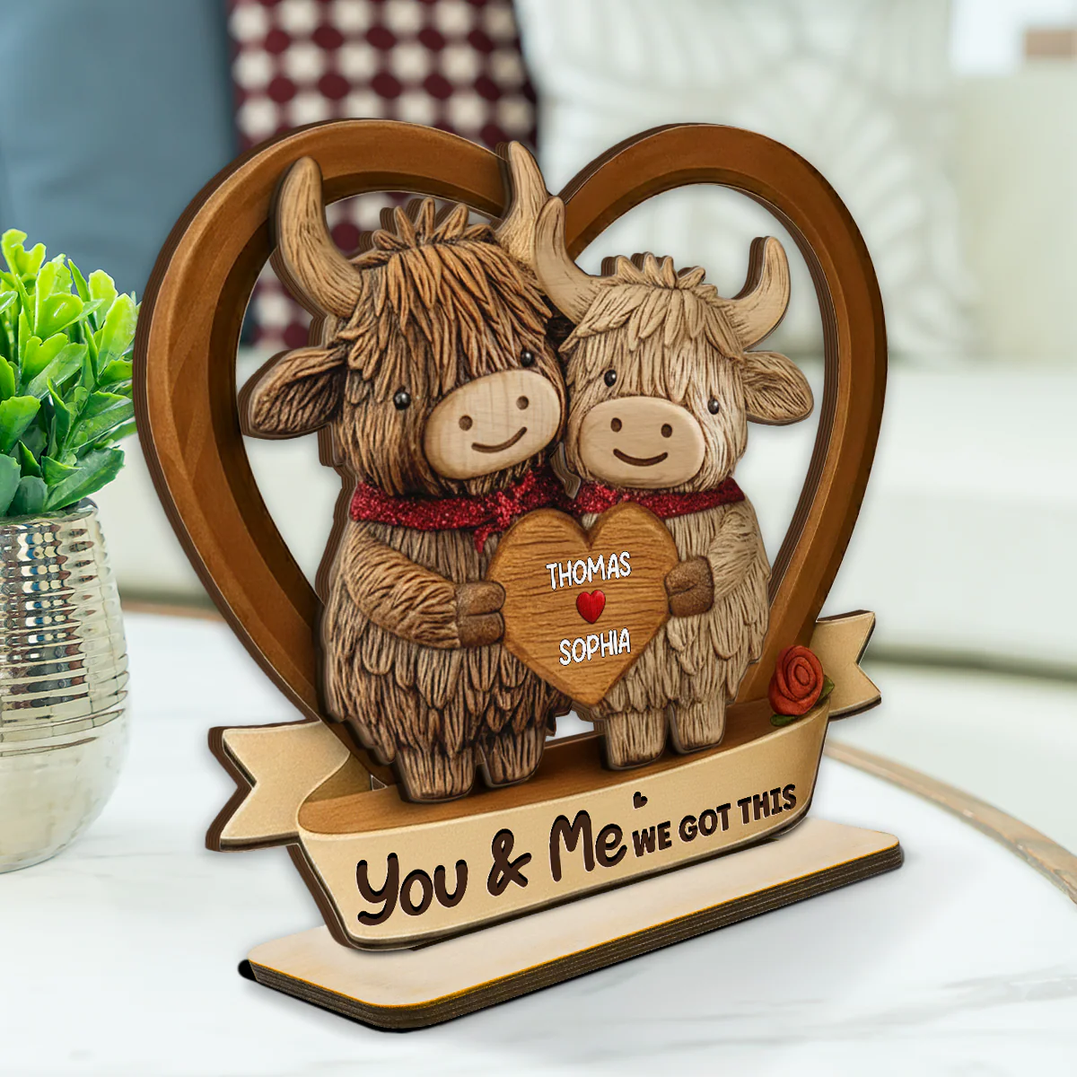 3D Effect Highland Cows Couple Heart - Personalized 2-Layered Wooden Plaque - Perfect Valentine's Day Gift For Him, Gift For Her - Image 2