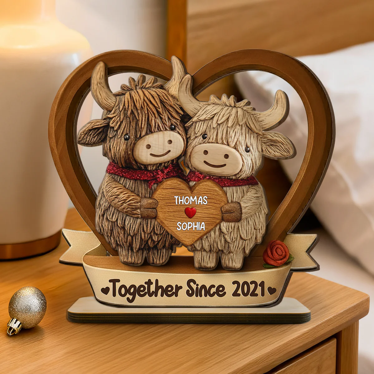 3D Effect Highland Cows Couple Heart - Personalized 2-Layered Wooden Plaque - Perfect Valentine's Day Gift For Him, Gift For Her - Image 4
