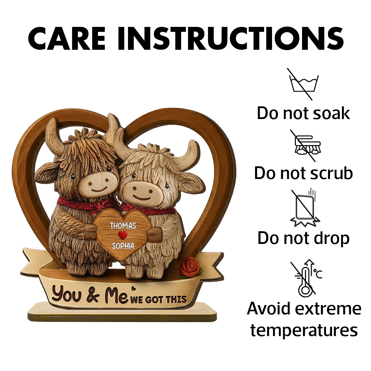 3D Effect Highland Cows Couple Heart - Personalized 2-Layered Wooden Plaque - Perfect Valentine's Day Gift For Him, Gift For Her - Image 9