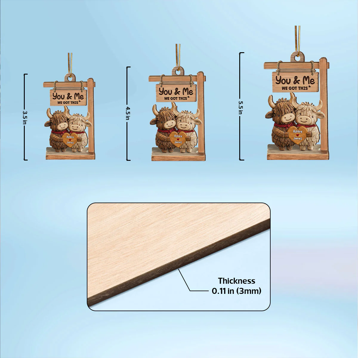 3D Effect Highland Cows Couple - Personalized Wooden Ornament - Gift For Him, Gift For Her - Image 5