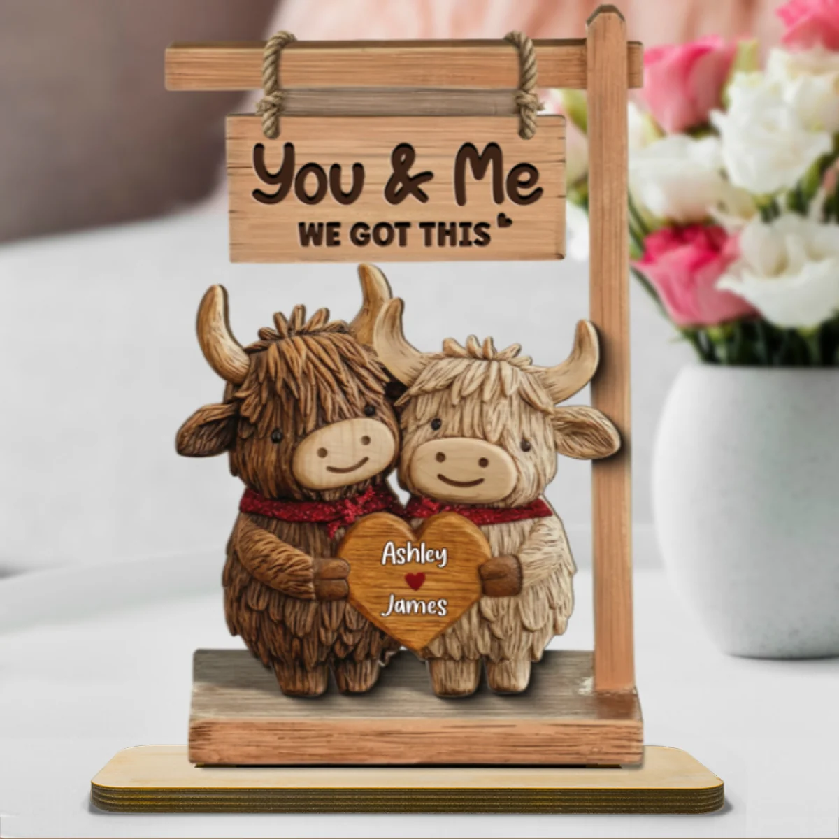 3D Effect Highland Cows Couple - Personalized 2-Layered Wooden Plaque - Perfect Valentine's Day Gift For Him, Gift For Her - Image 10
