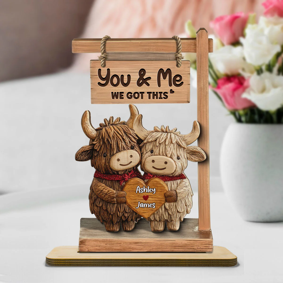 3D Effect Highland Cows Couple - Personalized 2-Layered Wooden Plaque - Perfect Valentine's Day Gift For Him, Gift For Her - Image 2
