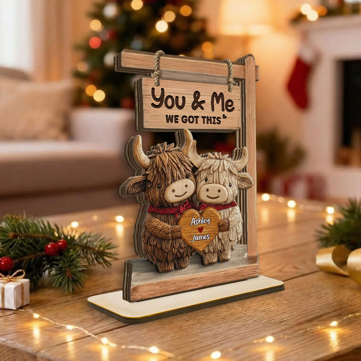 3D Effect Highland Cows Couple - Personalized 2-Layered Wooden Plaque - Perfect Valentine's Day Gift For Him, Gift For Her - Image 3