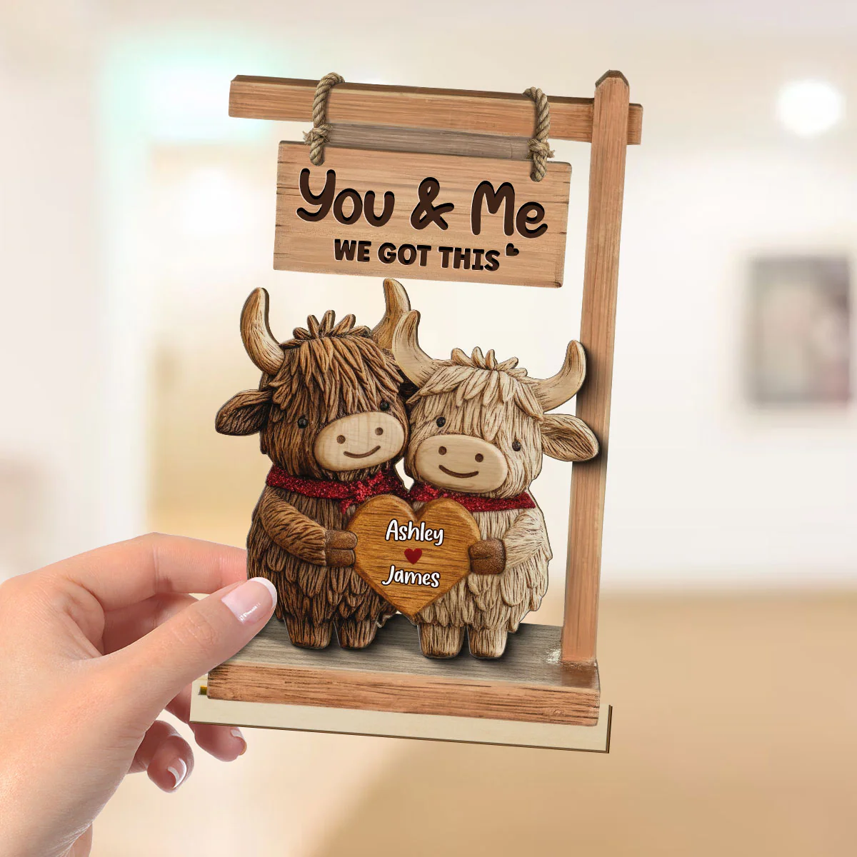 3D Effect Highland Cows Couple - Personalized 2-Layered Wooden Plaque - Perfect Valentine's Day Gift For Him, Gift For Her - Image 4