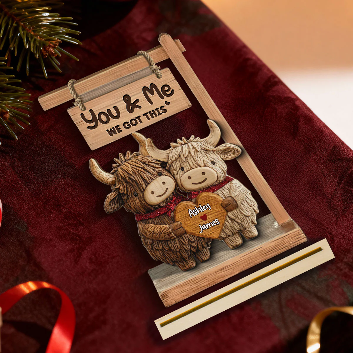 3D Effect Highland Cows Couple - Personalized 2-Layered Wooden Plaque - Perfect Valentine's Day Gift For Him, Gift For Her - Image 5