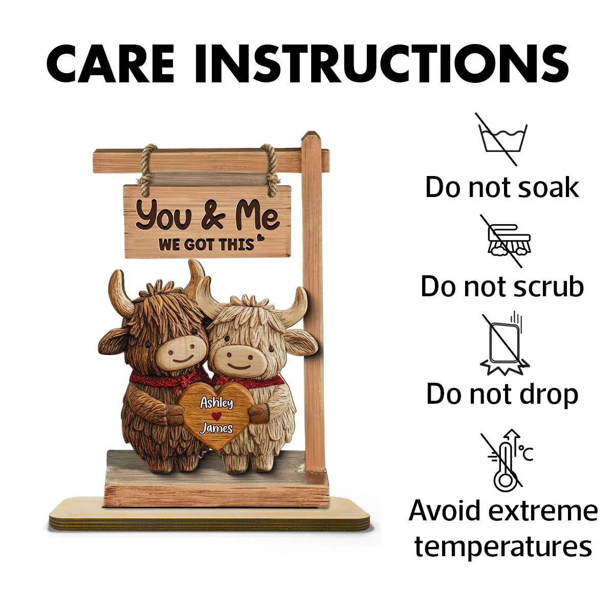3D Effect Highland Cows Couple - Personalized 2-Layered Wooden Plaque - Perfect Valentine's Day Gift For Him, Gift For Her - Image 7