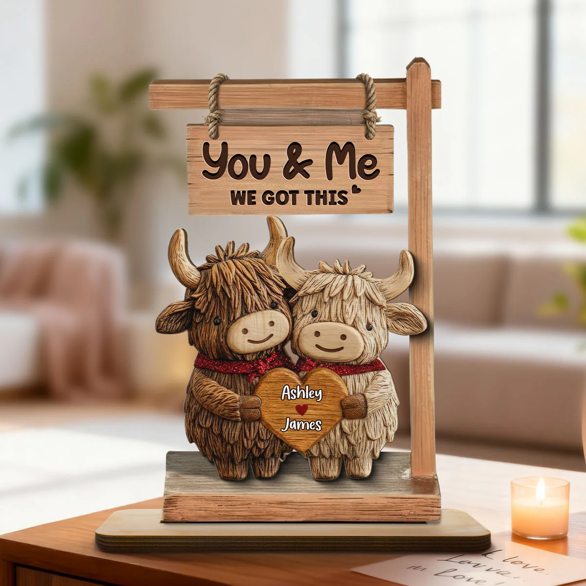 3D Effect Highland Cows Couple - Personalized 2-Layered Wooden Plaque - Perfect Valentine's Day Gift For Him, Gift For Her - Image 8