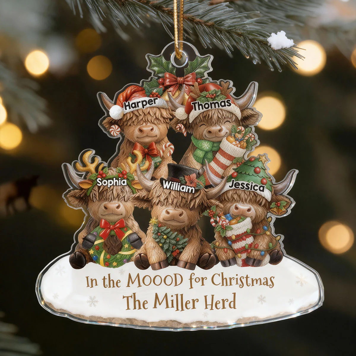 3D Effect Highland Cows Sitting Family Herd In The Moood For Christmas - Personalized Acrylic Ornament