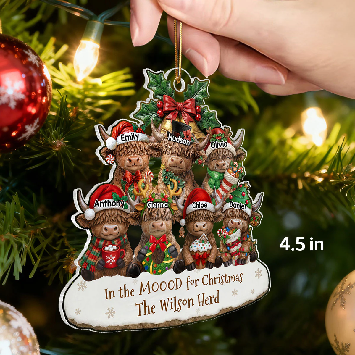 3D Effect Highland Cows Sitting Family Herd In The Moood For Christmas - Personalized Acrylic Ornament - Image 2