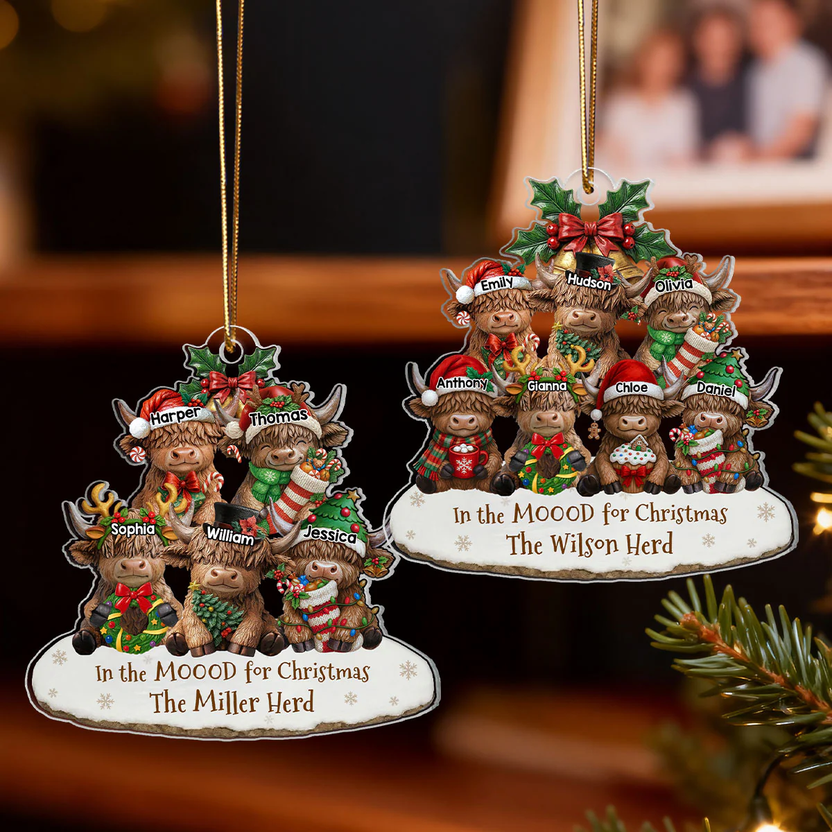 3D Effect Highland Cows Sitting Family Herd In The Moood For Christmas - Personalized Acrylic Ornament - Image 4