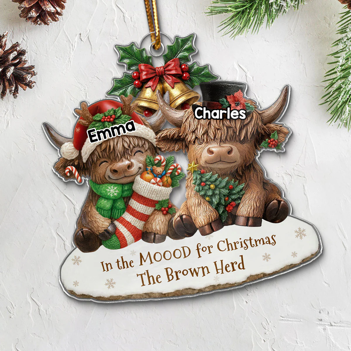 3D Effect Highland Cows Sitting Family Herd In The Moood For Christmas - Personalized Acrylic Ornament - Image 5
