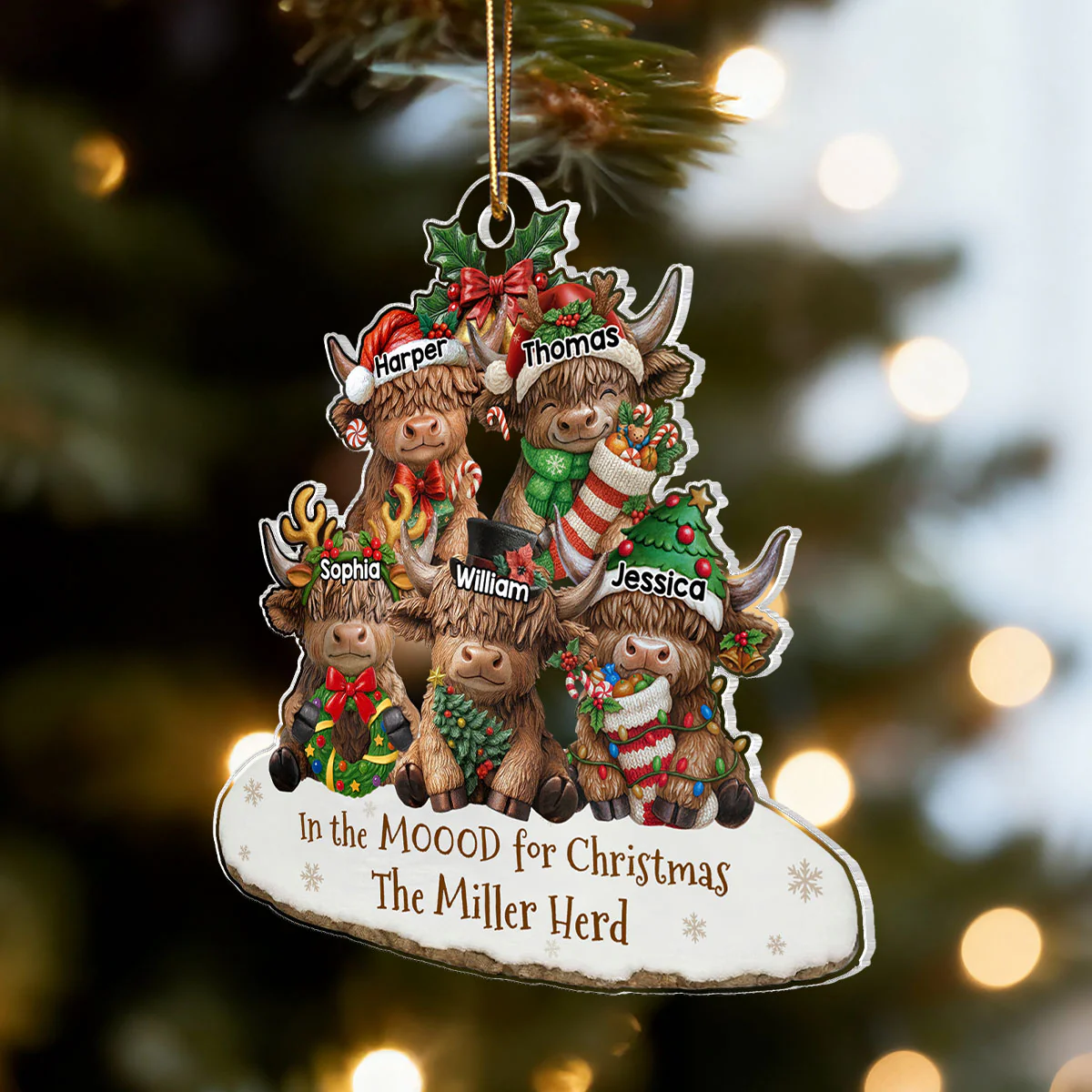3D Effect Highland Cows Sitting Family Herd In The Moood For Christmas - Personalized Acrylic Ornament - Image 6