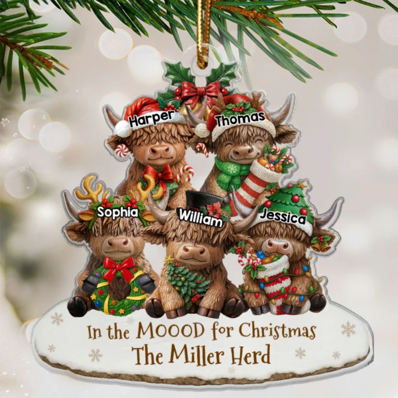 3D Effect Highland Cows Sitting Family Herd In The Moood For Christmas - Personalized Acrylic Ornament - Image 8