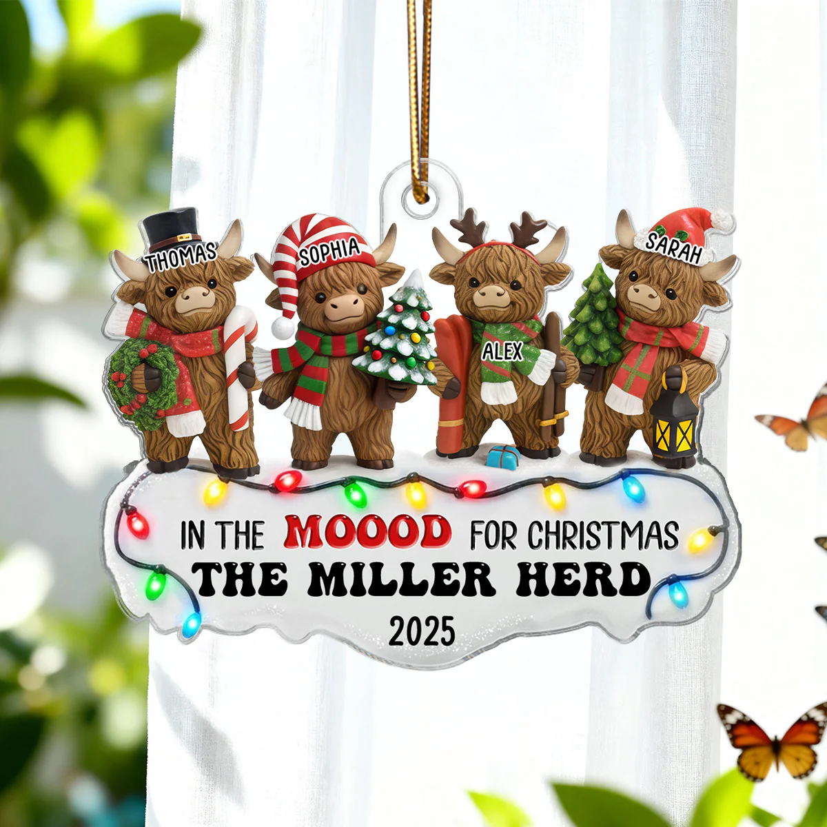 3D Effect Highland Cows Standing Family Herd In The Moood For Christmas - Personalized Acrylic Ornament - Image 4
