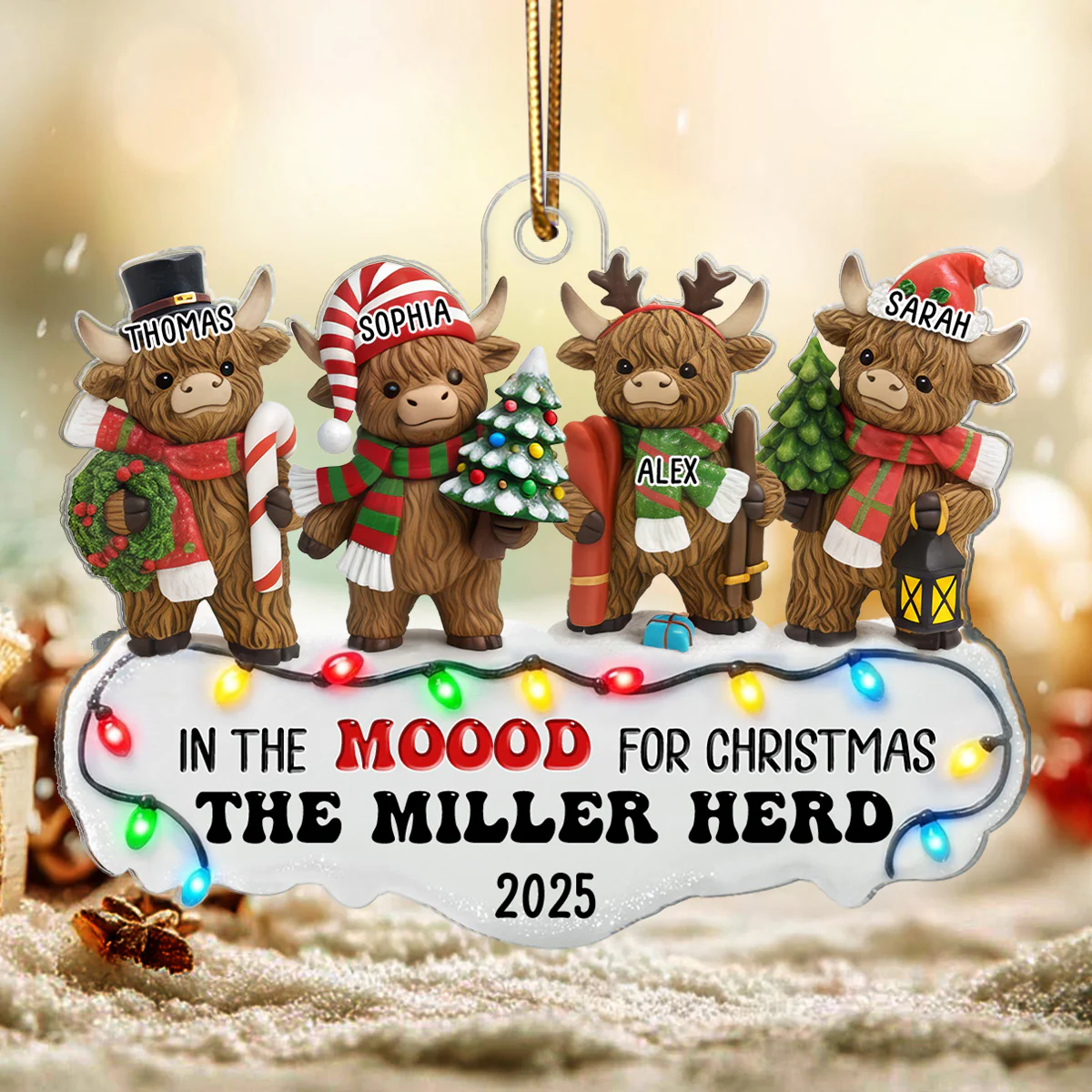 3D Effect Highland Cows Standing Family Herd In The Moood For Christmas - Personalized Acrylic Ornament - Image 5