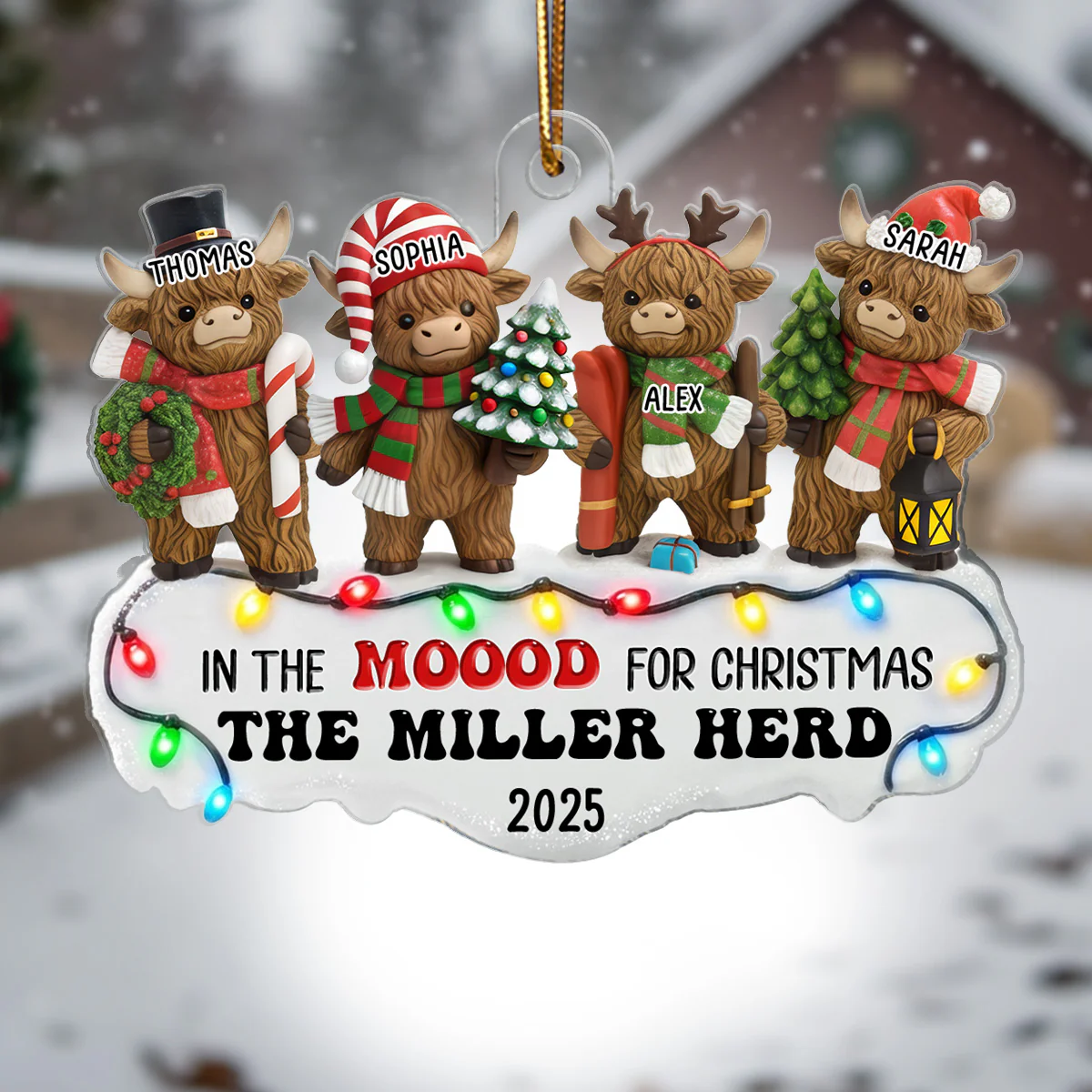 3D Effect Highland Cows Standing Family Herd In The Moood For Christmas - Personalized Acrylic Ornament - Image 6