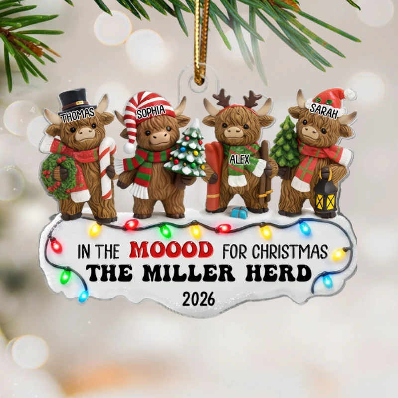 3D Effect Highland Cows Standing Family Herd In The Moood For Christmas - Personalized Acrylic Ornament - Image 8