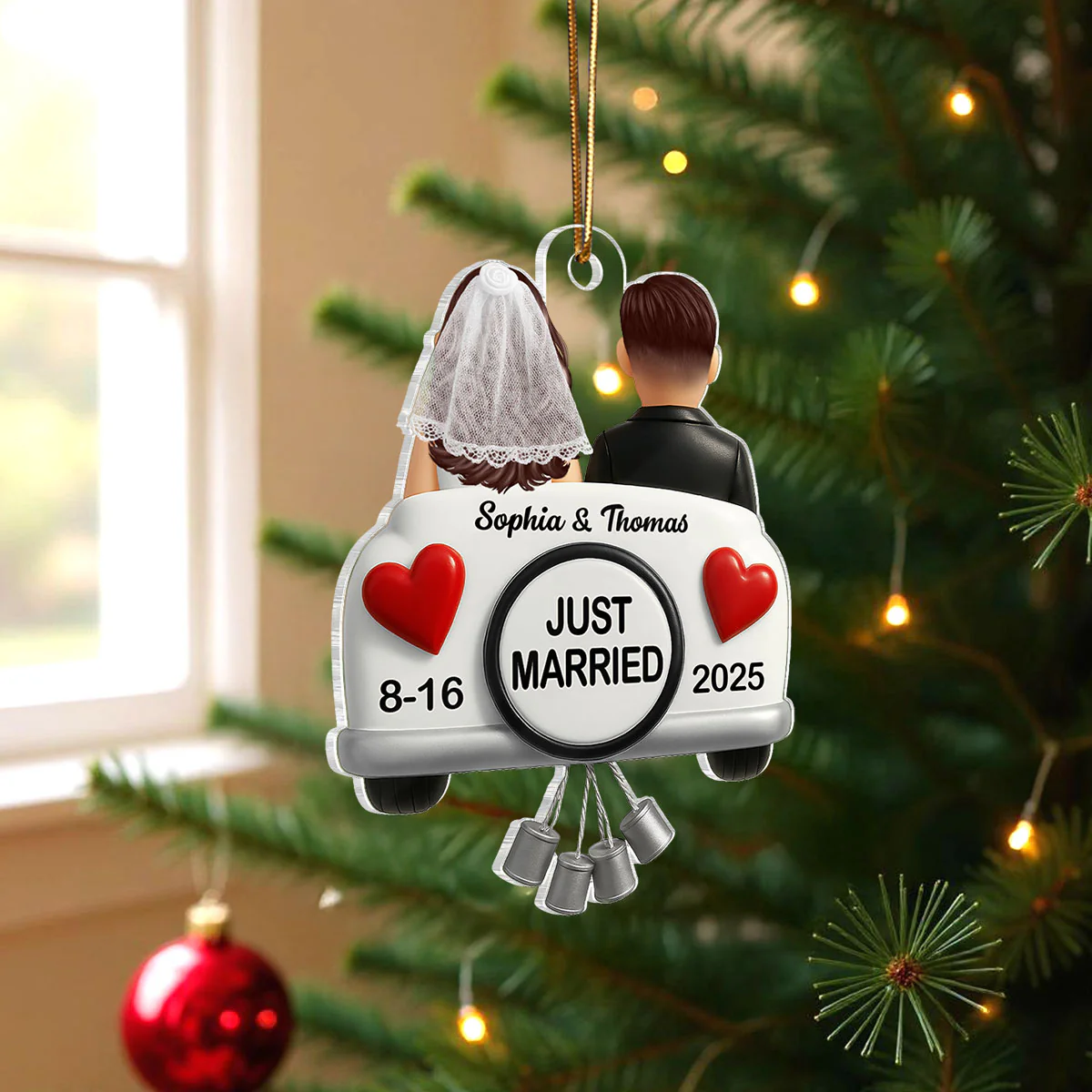 3D Effect Just Married Couple First Christmas Married Personalized Flat Acrylic Ornament, Gift For Newly Wedding Couple - Image 2