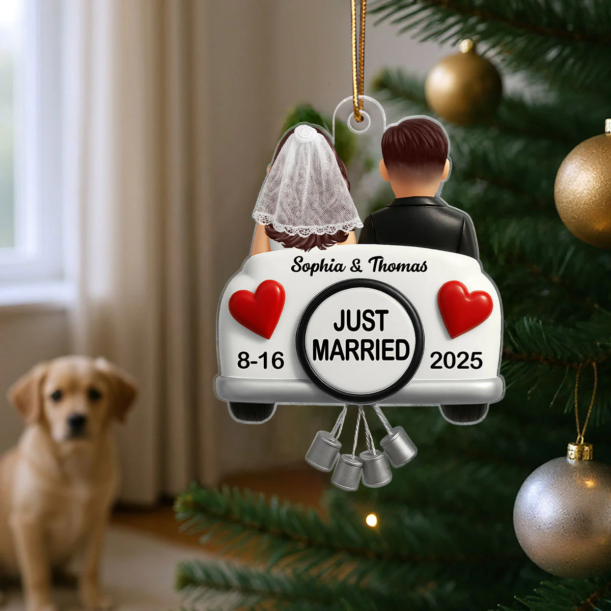 3D Effect Just Married Couple First Christmas Married Personalized Flat Acrylic Ornament, Gift For Newly Wedding Couple - Image 3