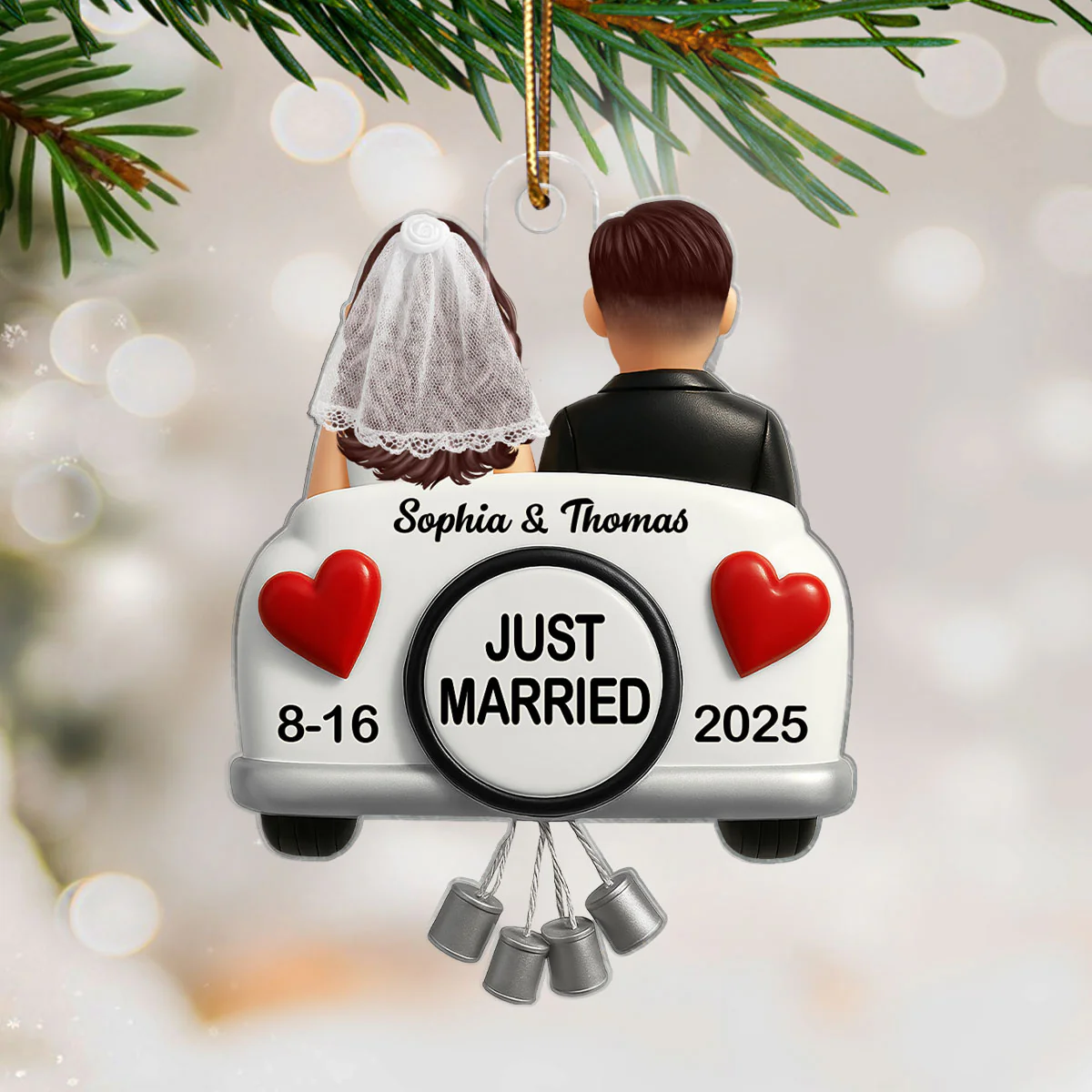 3D Effect Just Married Couple First Christmas Married Personalized Flat Acrylic Ornament, Gift For Newly Wedding Couple - Image 4