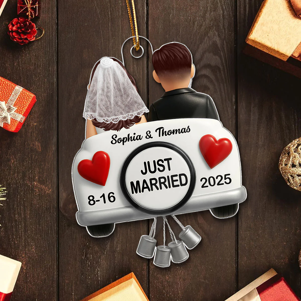 3D Effect Just Married Couple First Christmas Married Personalized Flat Acrylic Ornament, Gift For Newly Wedding Couple - Image 5