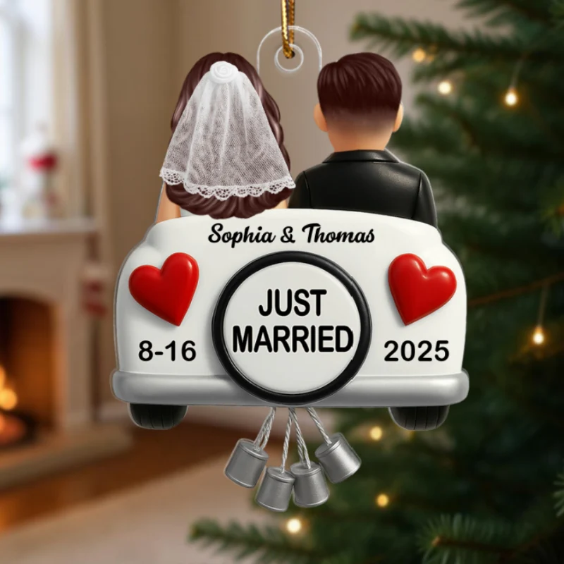 3D Effect Just Married Couple First Christmas Married Personalized Flat Acrylic Ornament, Gift For Newly Wedding Couple - Image 7