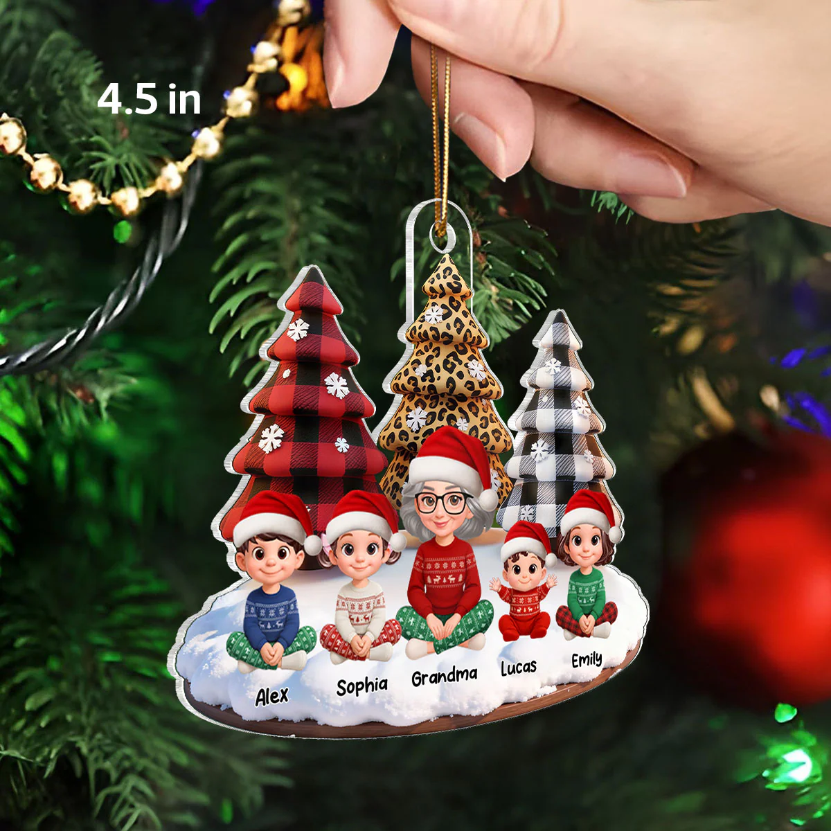 3D Effect Leopard Checkered Pattern Christmas Trees Grandma Grandkids Happy Together - Personalized Acrylic Ornament - Gift For Grandma, Grandkids - Image 2