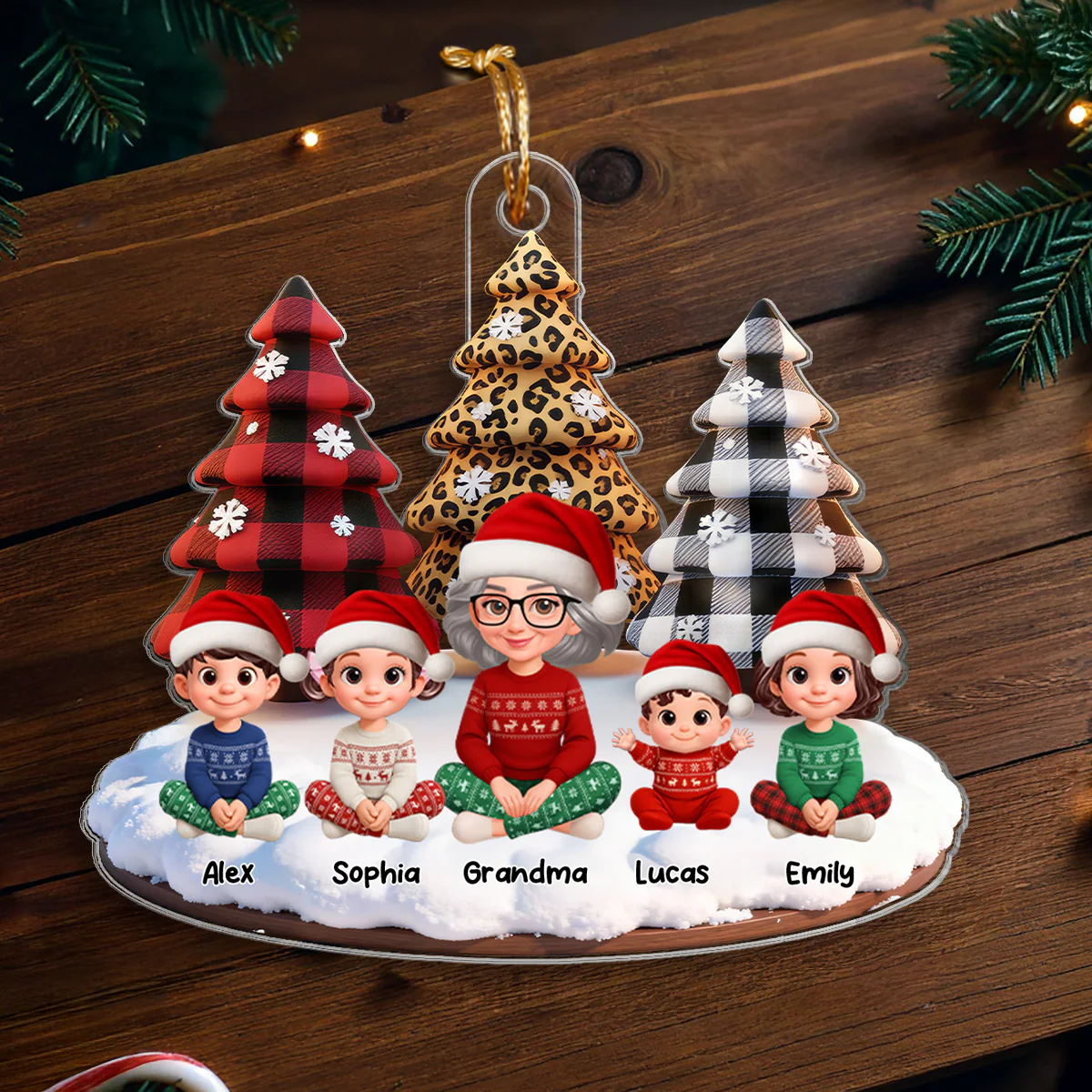 3D Effect Leopard Checkered Pattern Christmas Trees Grandma Grandkids Happy Together - Personalized Acrylic Ornament - Gift For Grandma, Grandkids - Image 4