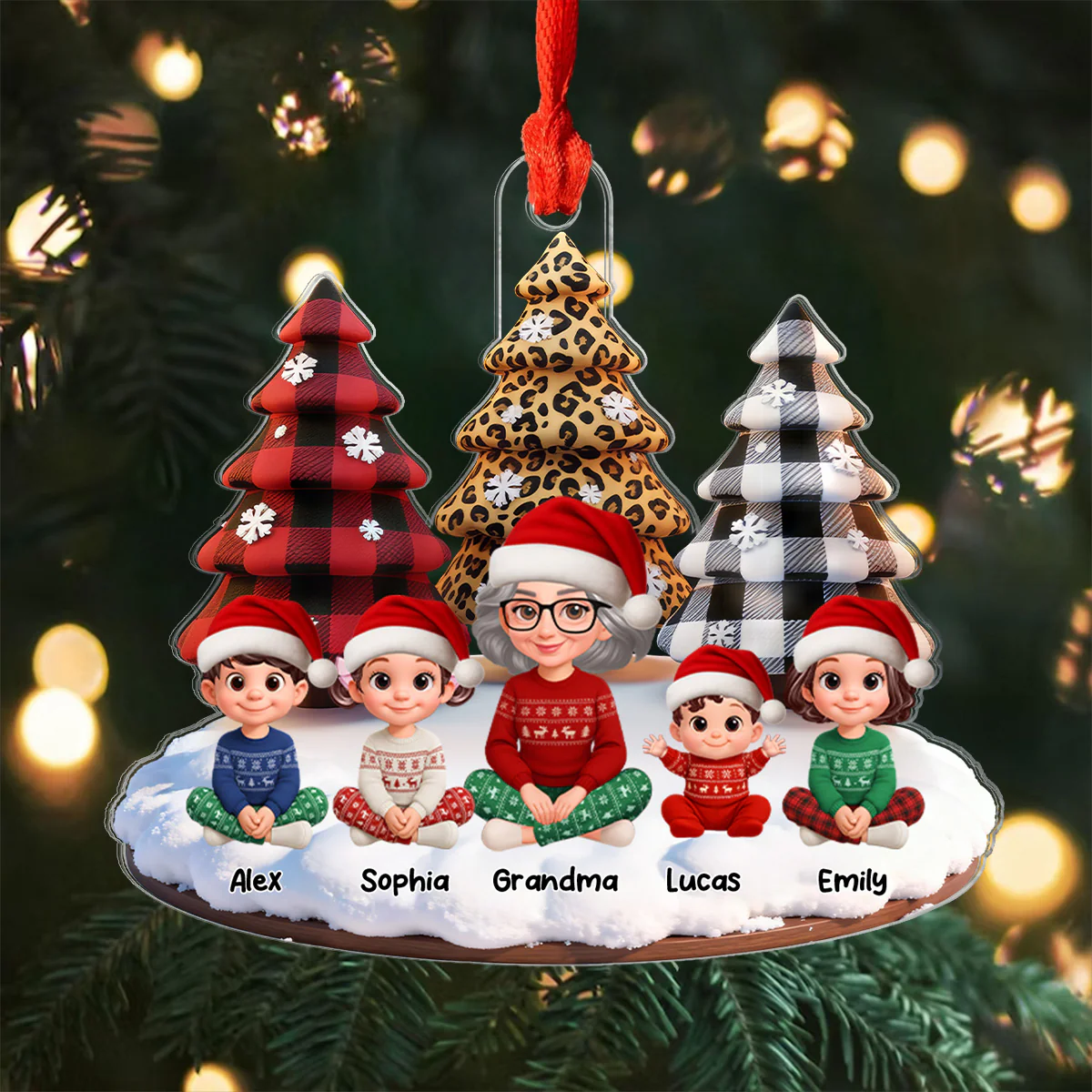3D Effect Leopard Checkered Pattern Christmas Trees Grandma Grandkids Happy Together - Personalized Acrylic Ornament - Gift For Grandma, Grandkids - Image 5