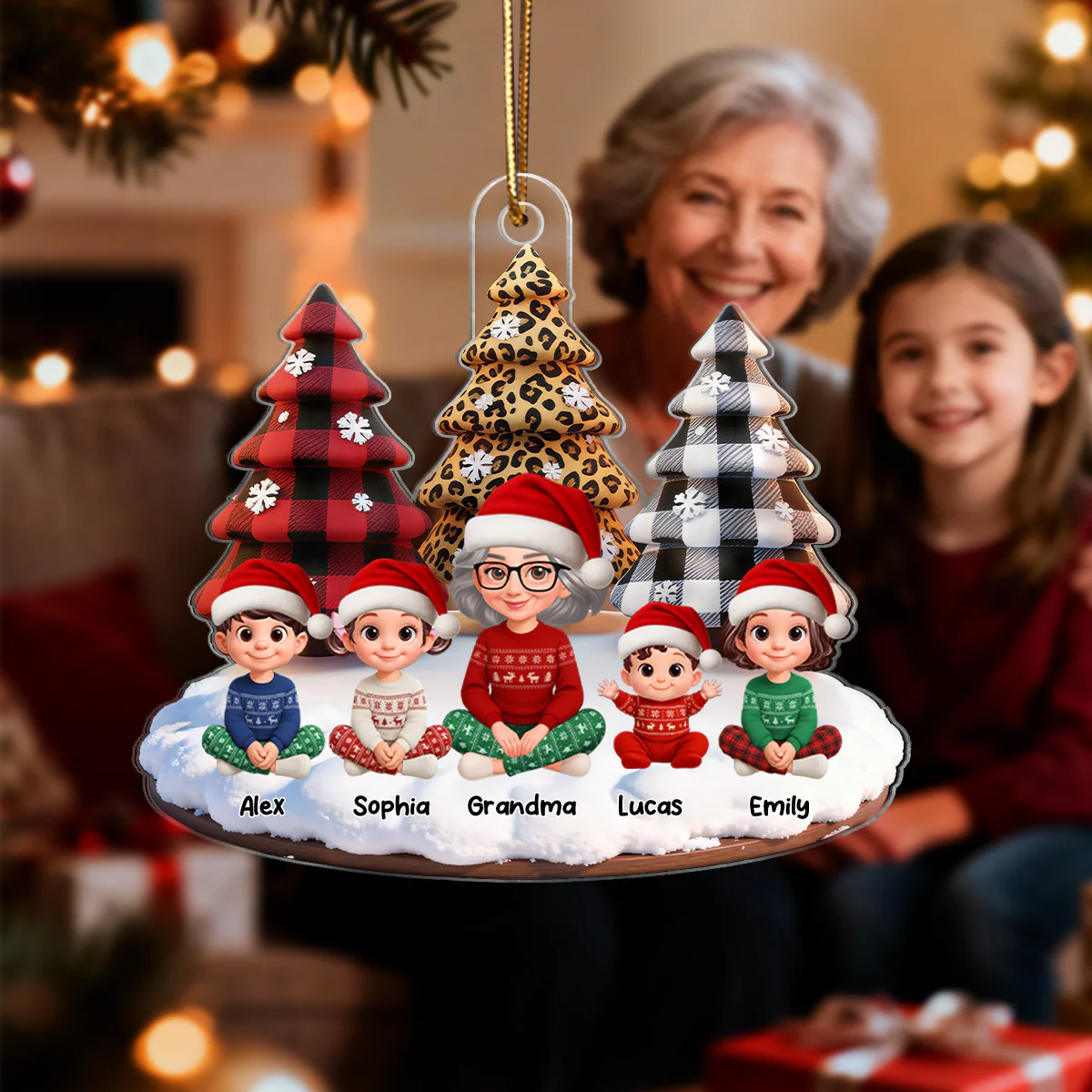 3D Effect Leopard Checkered Pattern Christmas Trees Grandma Grandkids Happy Together - Personalized Acrylic Ornament - Gift For Grandma, Grandkids - Image 6