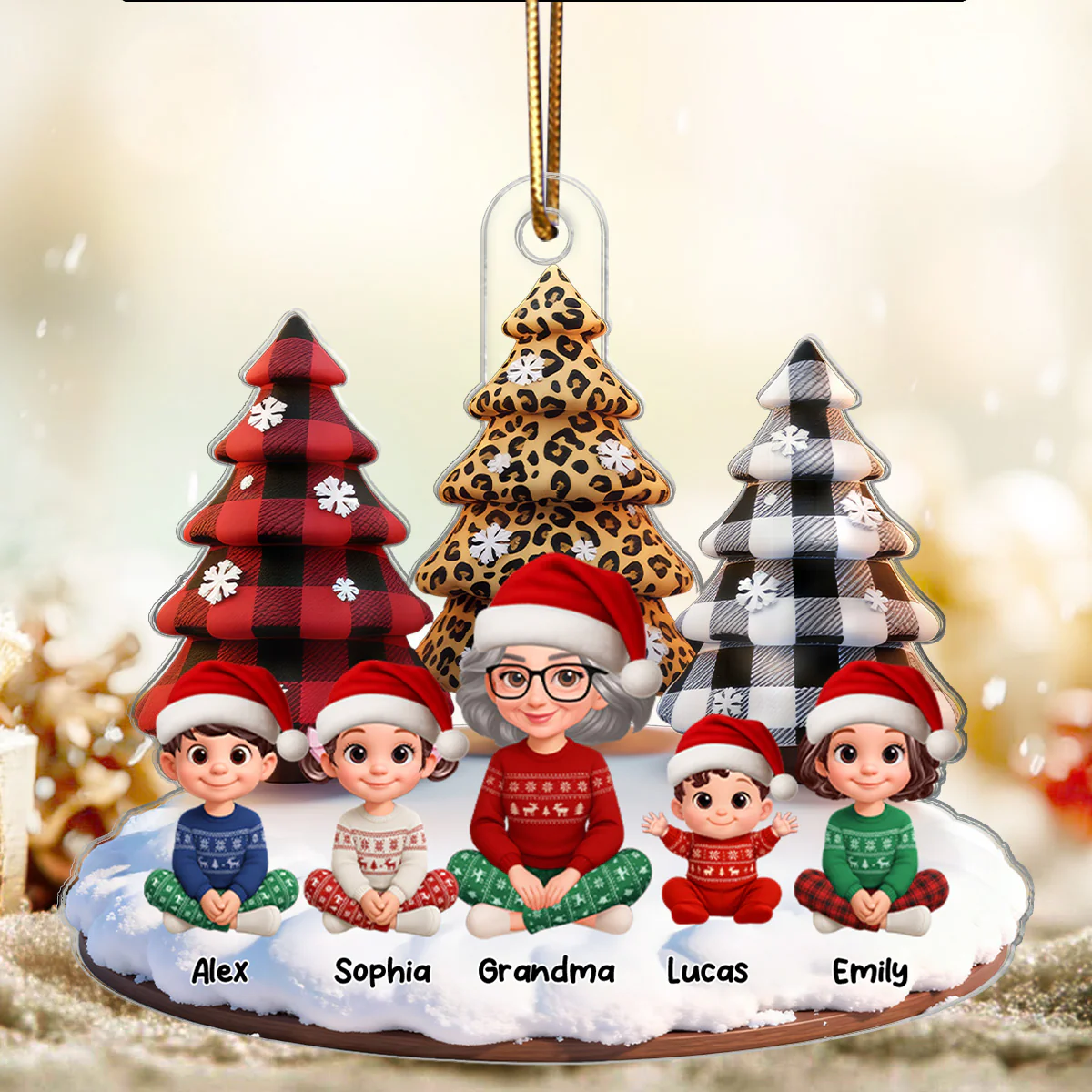 3D Effect Leopard Checkered Pattern Christmas Trees Grandma Grandkids Happy Together - Personalized Acrylic Ornament - Gift For Grandma, Grandkids - Image 7