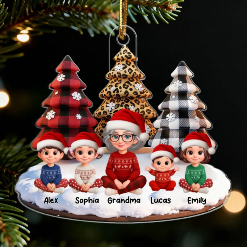3D Effect Leopard Checkered Pattern Christmas Trees Grandma Grandkids Happy Together - Personalized Acrylic Ornament - Gift For Grandma, Grandkids - Image 9