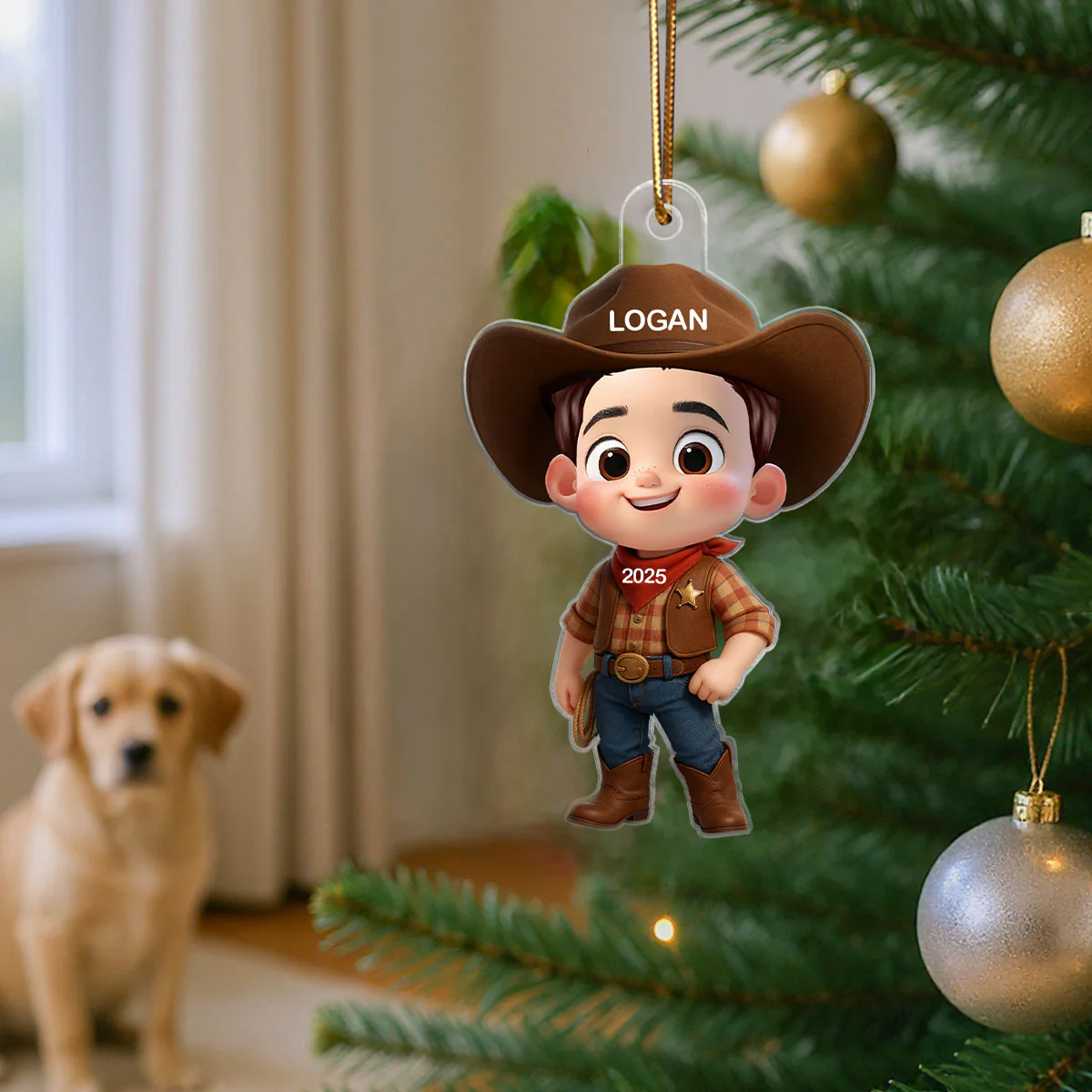 3D Effect Little Cowboy Christmas Personalized Acrylic Ornament - Image 2