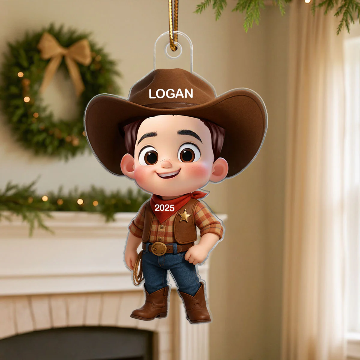 3D Effect Little Cowboy Christmas Personalized Acrylic Ornament - Image 3