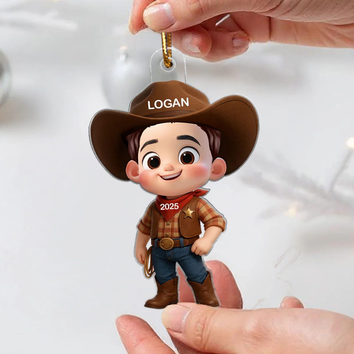 3D Effect Little Cowboy Christmas Personalized Acrylic Ornament - Image 4