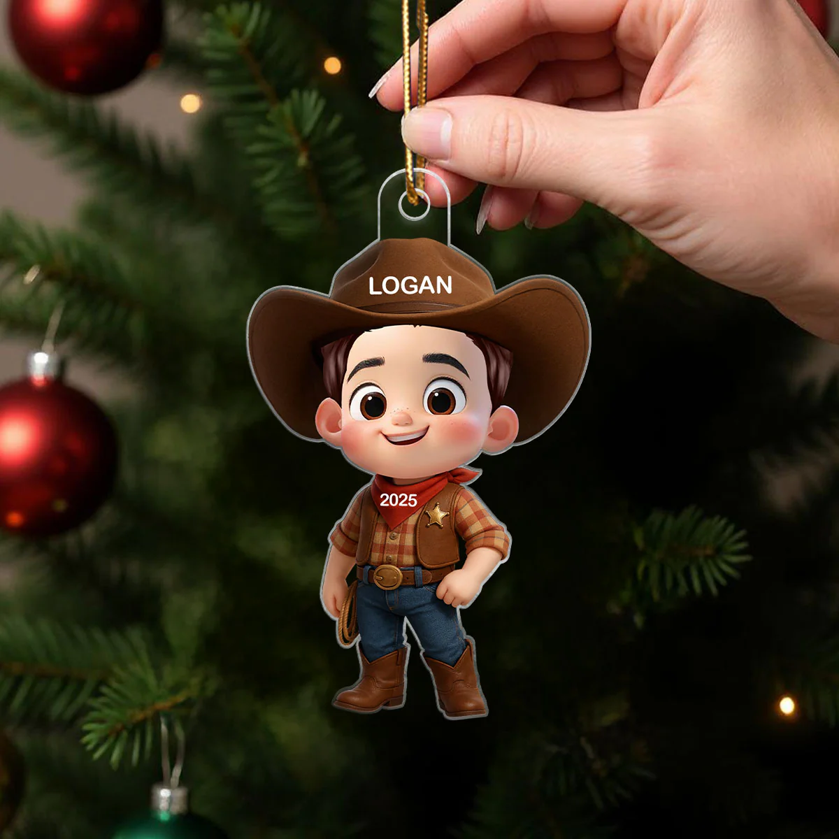 3D Effect Little Cowboy Christmas Personalized Acrylic Ornament - Image 5