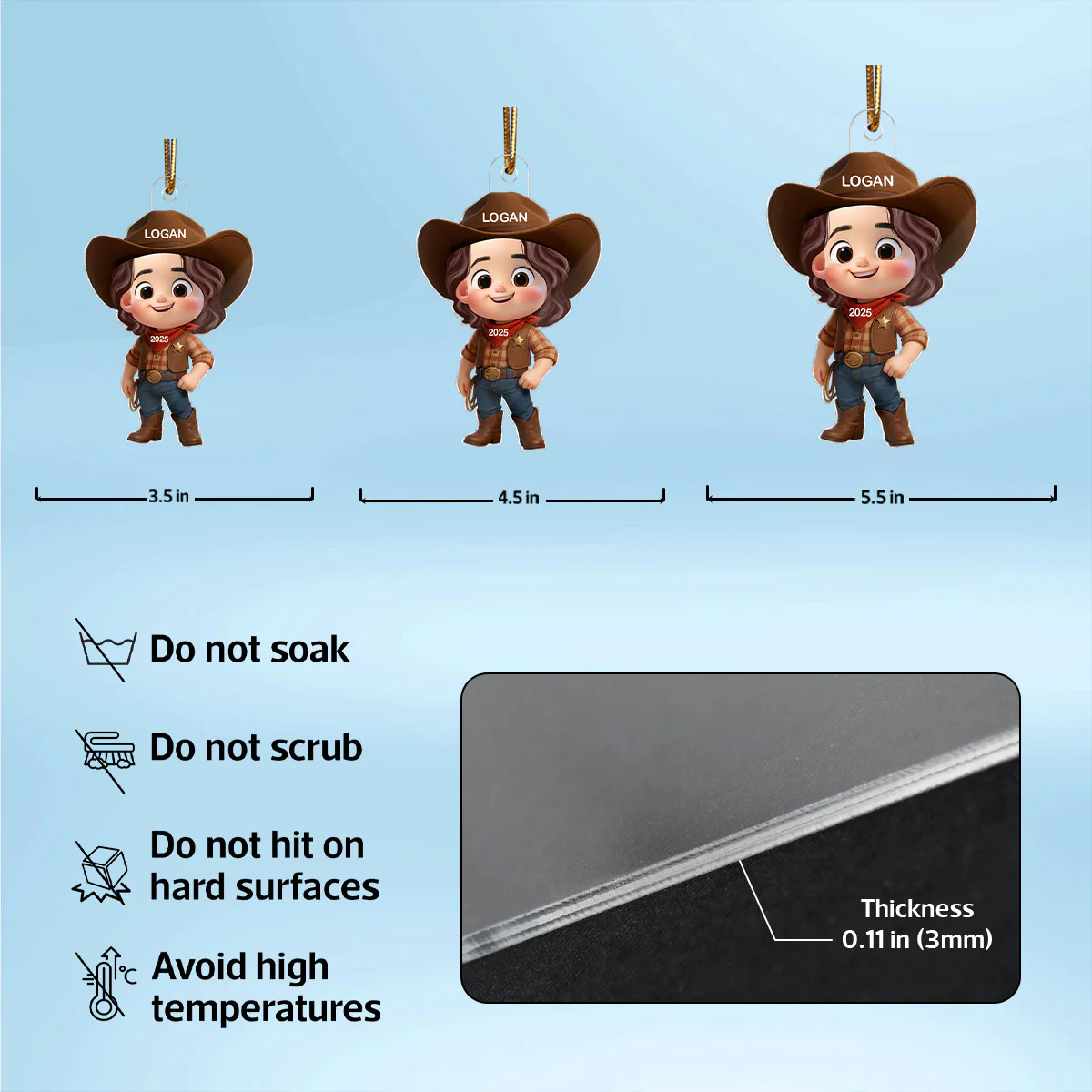 3D Effect Little Cowboy Christmas Personalized Acrylic Ornament - Image 7