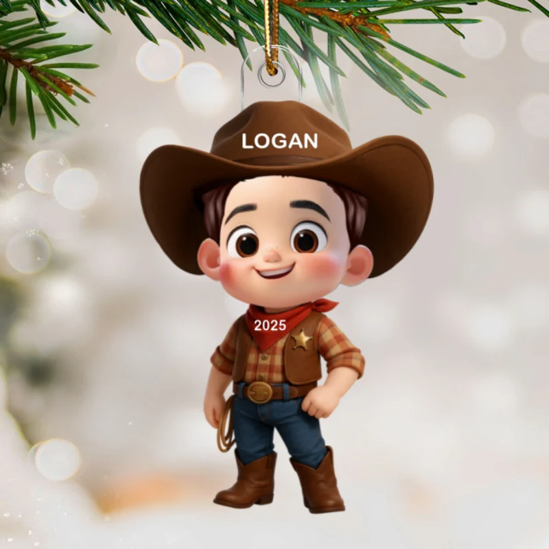 3D Effect Little Cowboy Christmas Personalized Acrylic Ornament - Image 8